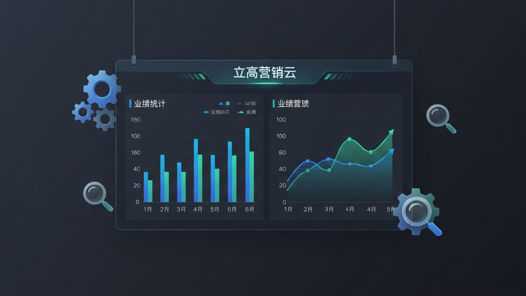 画面中央是一块悬浮的虚拟数据看板,上面显示“立高营销云”的业绩统计图表,包括柱状图和折线图,周围有齿轮和放大镜图标点缀,布局采用中心对称,风格为简约商务,细节上图表颜色以蓝绿为主,背景为深灰色,画质高清,干净无多余元素。