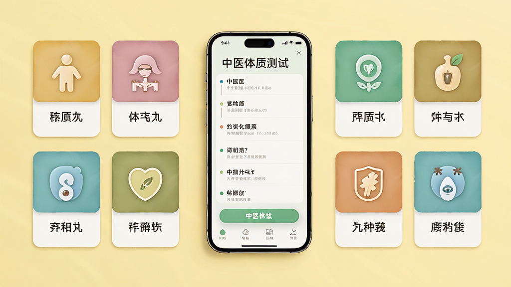 画面中央展示一个手机屏幕,屏幕上显示中医体质测试的问答界面,手机旁边放置着九种体质类型的图标卡片,背景为柔和的浅黄色,排版整齐清晰,风格简约现代,细节精致,画质高清,干净无多余元素