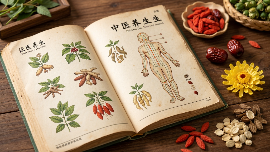画面主体为一本展开的中医养生书籍,书页上绘有中草药插图和经络穴位图,旁边散落着枸杞、红枣、菊花等药材,背景为木质桌面,整体布局自然和谐,风格温暖古朴,细节丰富,画质高清,干净无多余元素
