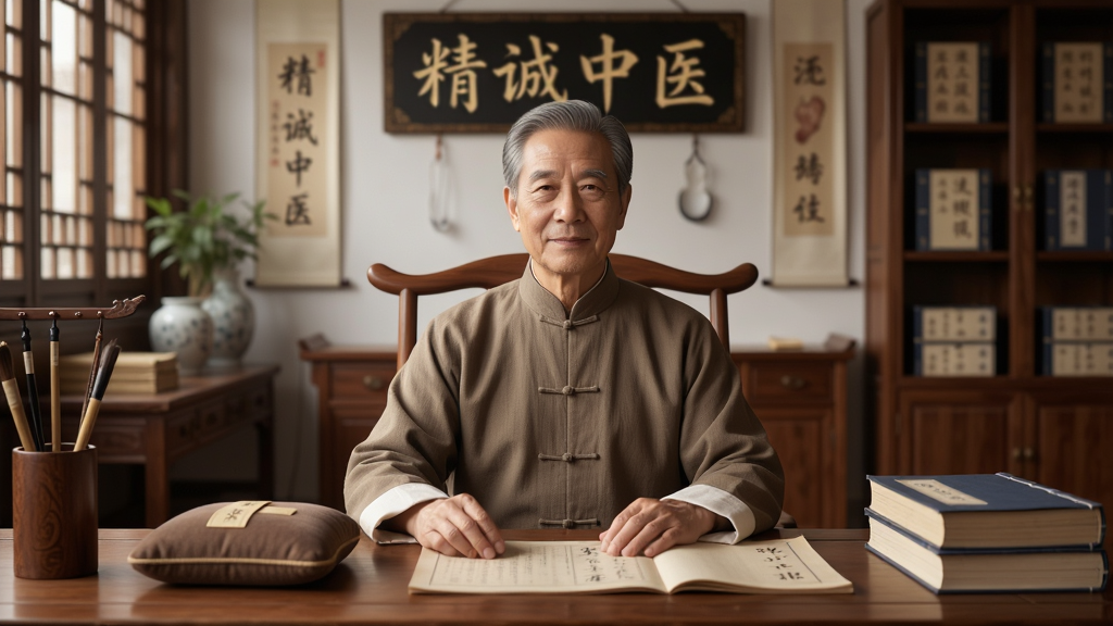 画面主体为一位身着中式服装的中医师坐在诊桌前,面前摆放着脉枕和中医典籍,背景是古色古香的中医馆场景,墙上悬挂着