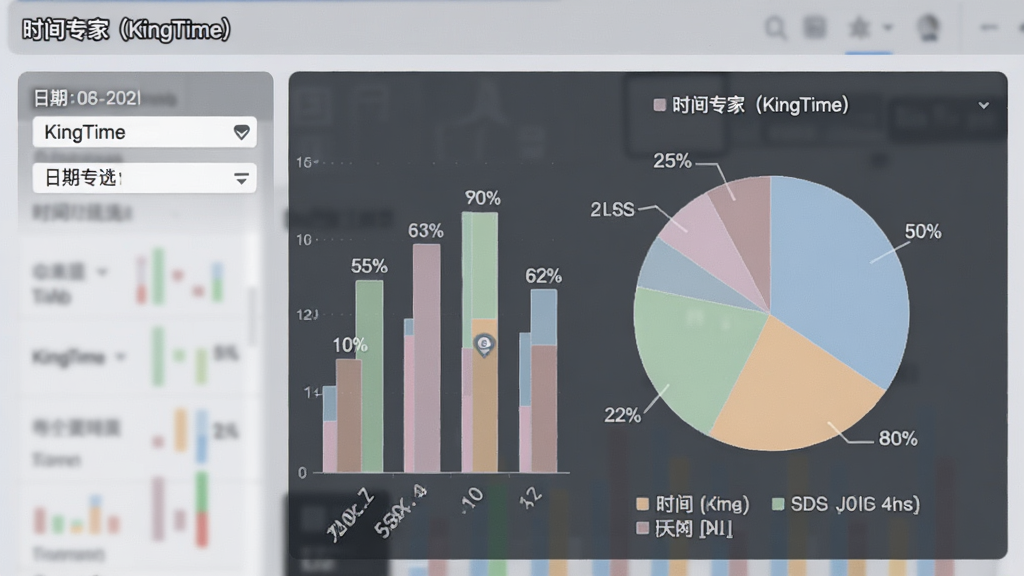 一张时间数据统计报表的界面截图,画面展示时间专家(KingTime)的统计页面,包含柱状图与饼图,图表颜色柔和,布局为左右分栏,左侧为日期筛选器,右侧为图表区域,风格为数据可视化仪表盘,细节有百分比标注与图例,画质清晰,图表上方标注