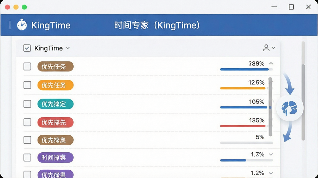 一张展示智能任务规划功能的界面图,画面主体为时间专家(KingTime)的任务面板,列表中用不同颜色标签区分优先级,右侧有拖拽排序的示意箭头,布局采用上下结构,风格为清爽扁平化设计,细节包含复选框与进度百分比,画质干净,屏幕中显示