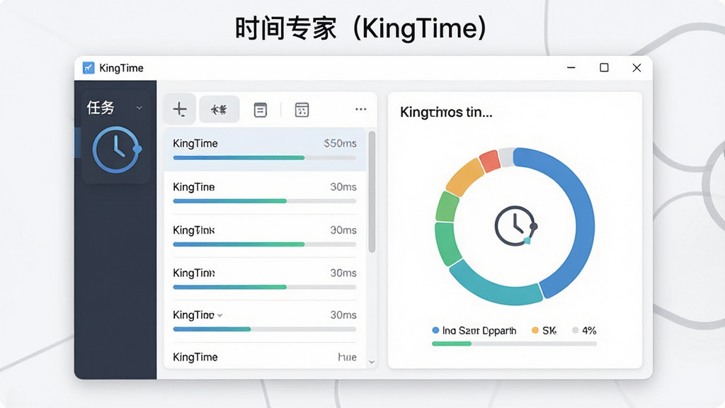 一张简洁的软件界面预览图,画面中央是时间专家(KingTime)主窗口,左侧为任务列表,右侧为时间统计圆环图,整体布局清晰,排版采用卡片式设计,风格为现代简约商务风,细节上包含时钟图标与进度条,画质干净清晰,无多余元素,屏幕上方有