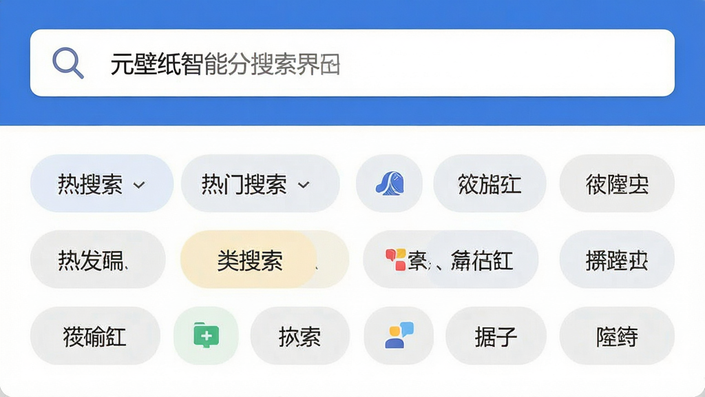 元壁纸智能分类搜索界面,主体为搜索框和分类标签云,布局为顶部搜索栏加下方标签网格,排版清晰直观,风格扁平化设计,细节包括放大镜图标、热门搜索词、分类图标,画质高清干净无多余元素