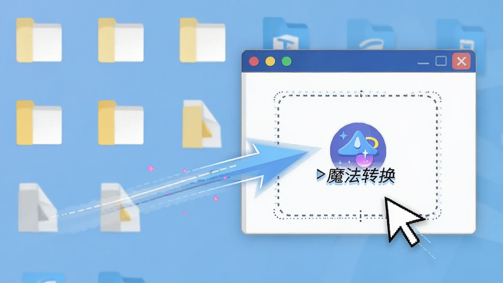 画面展示电脑桌面上的文件图标,鼠标指针正在将文件拖拽到一个带有