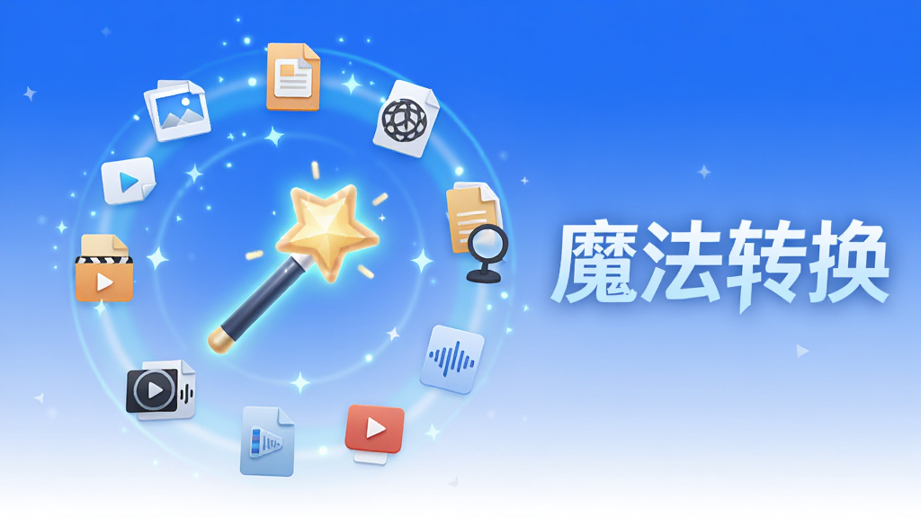 整体画面以清爽的蓝白渐变背景为主,中央位置放置一个发光的魔法棒图标,魔法棒周围环绕着图片、文档、音视频等文件格式图标,形成一圈旋转的转换光环,画面右侧展示软件名称