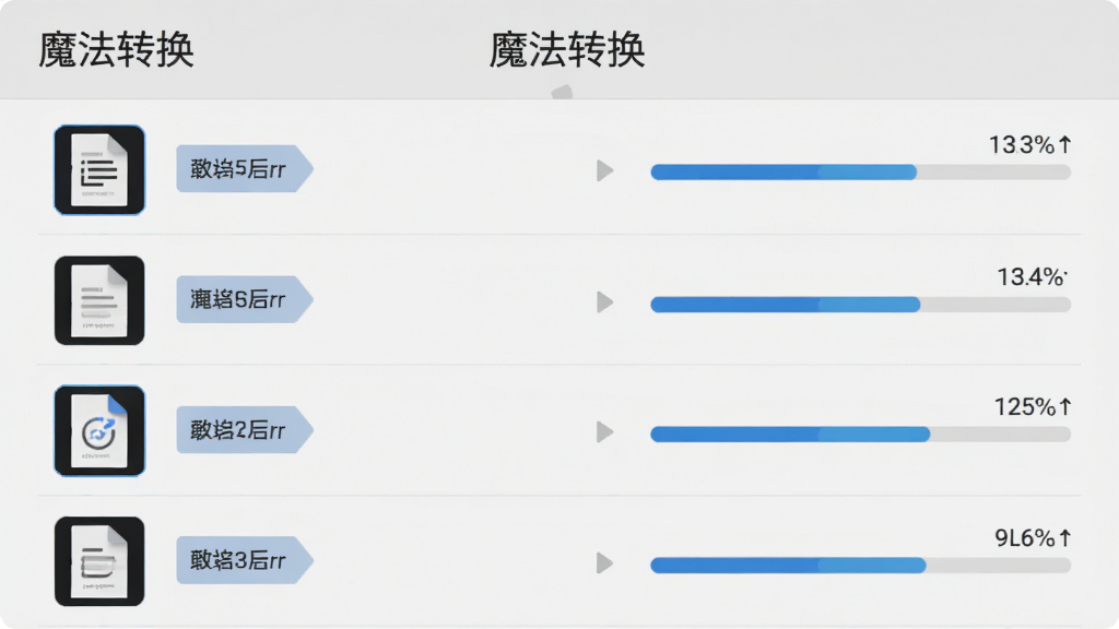 画面展示一个文件队列列表,列表中包含多个文件缩略图与格式标签,每个文件右侧有一个进度条,顶部有