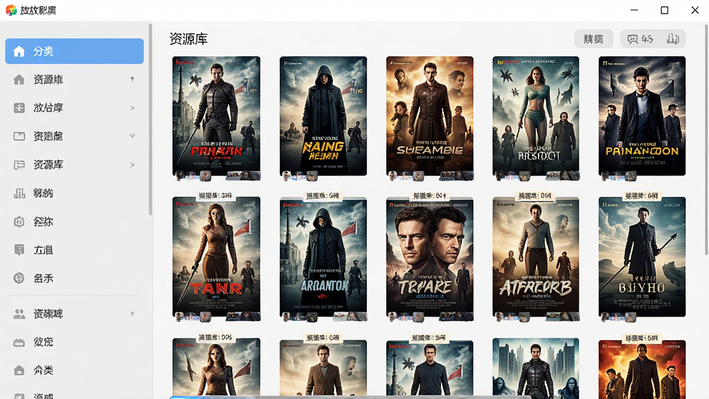 放放电影软件界面中展示海量影视资源分类的画面,画面主体是软件的资源库页面,左侧为分类导航栏,右侧为影片缩略图网格,包含不同国家和类型的电影海报,布局整齐有序,风格为扁平化设计,色调明亮清新,细节上突出海报的多样性与分类标签的清晰度,画质高清,画面干净,无多余元素