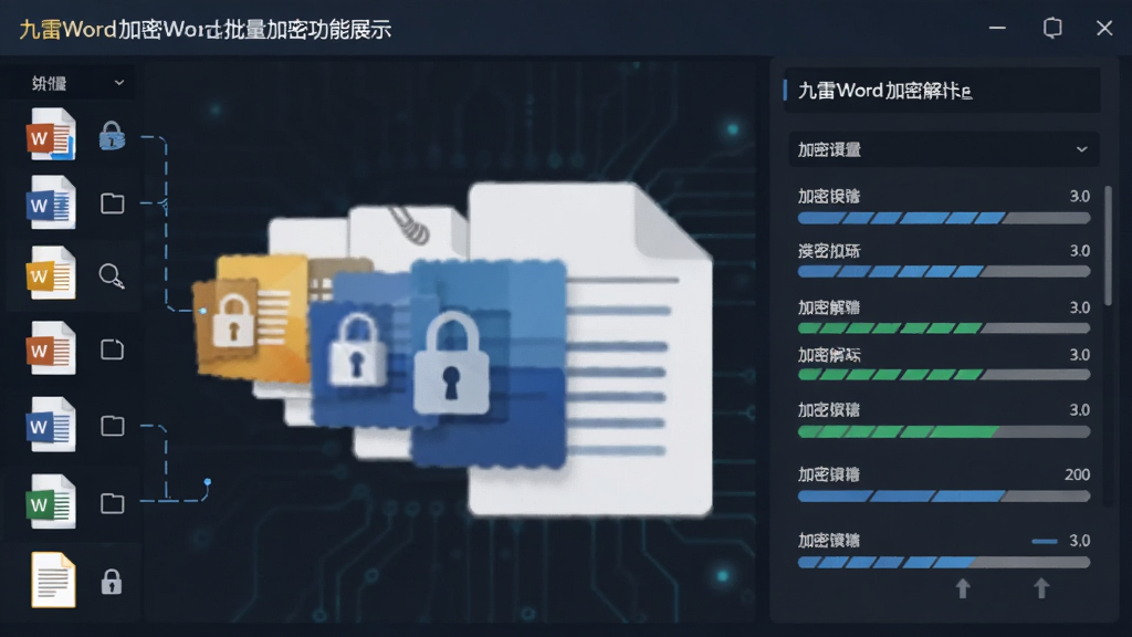 九雷Word加密解密器批量加密功能展示图,主体为多个Word文档图标排列成队列,布局左侧为文件列表右侧为加密设置面板,排版整齐,风格为扁平化科技感,细节包含锁形图标与进度条,画质清晰干净无多余元素