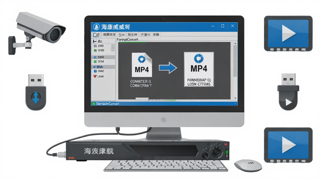 海康录像文件格式转换工具FormatConvert是一款专门针对海康威视监控设备录像文件进行格式转换的实用PC软件,画面中央是一台海康录像机与电脑相连,电脑屏幕上显示软件界面正在将录像文件转换为MP4格式,周围环绕着监控摄像头、U盘、播放器图标等元素,整体布局清晰有序,采用扁平化科技风格,蓝色与灰色为主色调,细节精致,画质高清,干净整洁,无多余元素