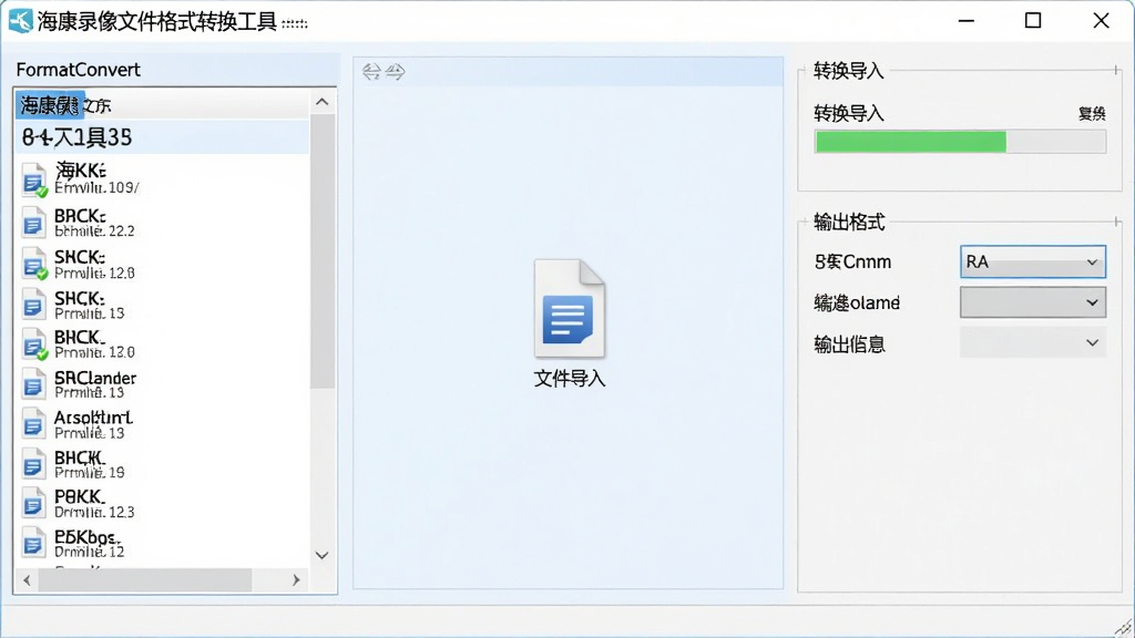 海康录像文件格式转换工具FormatConvert软件界面截图,画面展示软件主界面中央是文件导入区域,左侧列表显示多个海康录像文件,右侧显示转换进度条和输出格式选项,软件名称