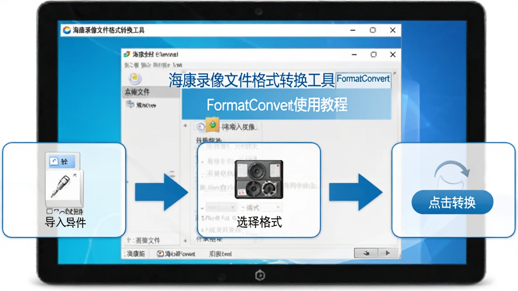 海康录像文件格式转换工具FormatConvert使用教程示意图,画面展示电脑屏幕上软件操作步骤,从导入文件到选择格式再到点击转换的三个步骤用箭头连接,界面中软件名称