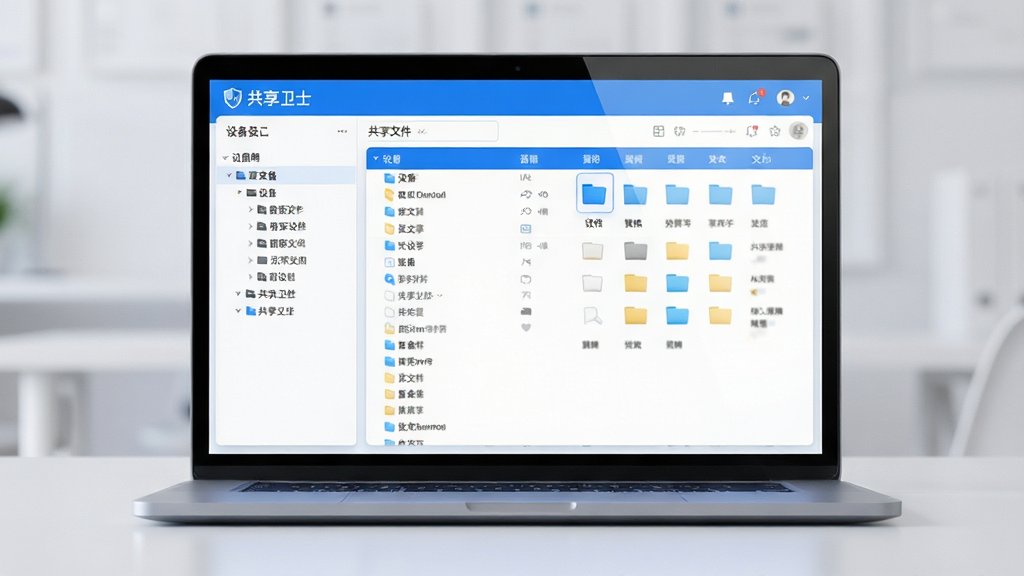 软件名称共享卫士,主体为一台居中显示的笔记本电脑屏幕,屏幕上呈现局域网共享设备列表界面,布局采用左右分栏结构,左侧为设备树状目录,右侧为共享文件夹详情面板,排版整齐清晰,风格为现代简约科技风,细节包括屏幕微光反射、桌面整洁无杂物、界面图标使用蓝白配色,画质为高清2K,干净无多余元素