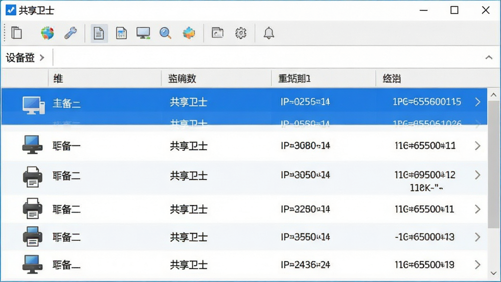 共享卫士软件界面截图风格,主体为软件主窗口居中展示,布局为顶部工具栏加下方设备列表,排版采用表格式排列,风格为清爽商务风,细节包括蓝色高亮选中行、设备图标区分电脑与打印机、IP地址以等宽字体显示,画质清晰,干净无多余元素,画面中文字标注“共享卫士”