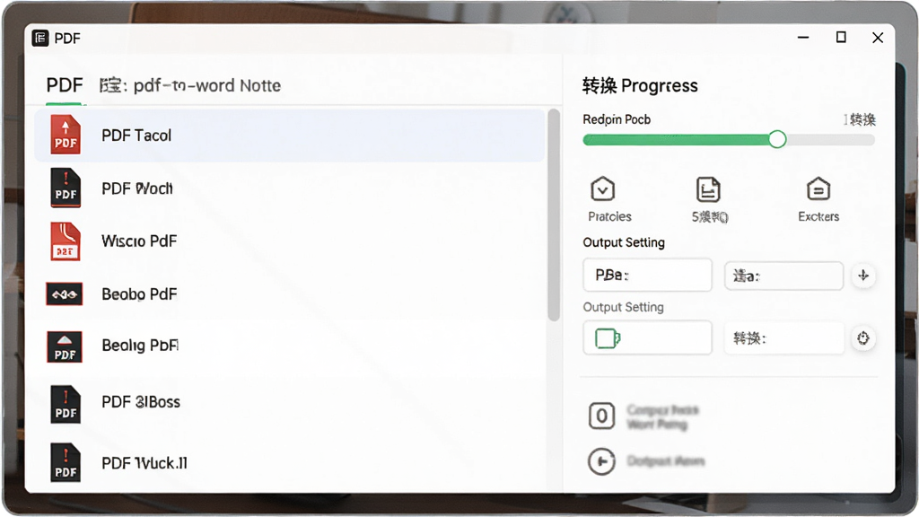 转换宝pdf转word批量转换界面,左侧为多个PDF文件列表,右侧为转换进度条和输出设置面板,界面布局清晰,风格简约现代,浅色背景,高清画质,干净无多余元素