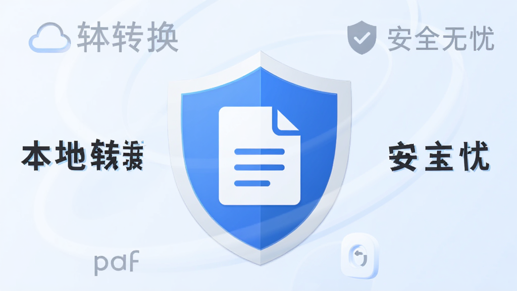 转换宝pdf转word安全转换示意图,画面中央为盾牌图标与文档图标结合,周围环绕“本地转换”“安全无忧”字样,背景为淡蓝色渐变,风格简洁大方,高清画质,无多余元素