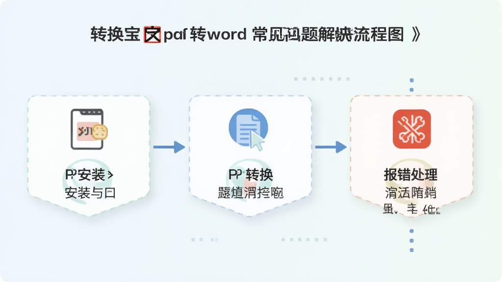 转换宝pdf转word常见问题解决流程图,画面以流程图形式展示安装、转换、报错处理等步骤,配简洁图标和文字说明,风格清新,浅色背景,高清画质,干净无多余元素