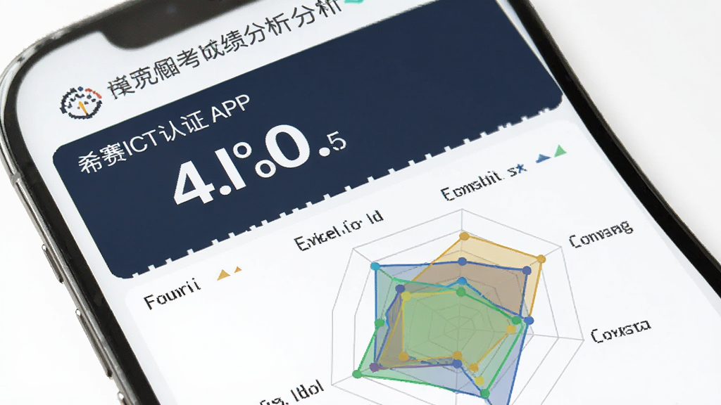 主体为希赛ICT认证APP模拟考试成绩分析页面,布局为手机屏幕展示成绩报告图表,排版为上下结构上方分数下方雷达图,风格为数据可视化专业风,细节包括分数数字醒目、雷达图多维度展示、颜色区分强弱项,画质为高清干净无多余元素