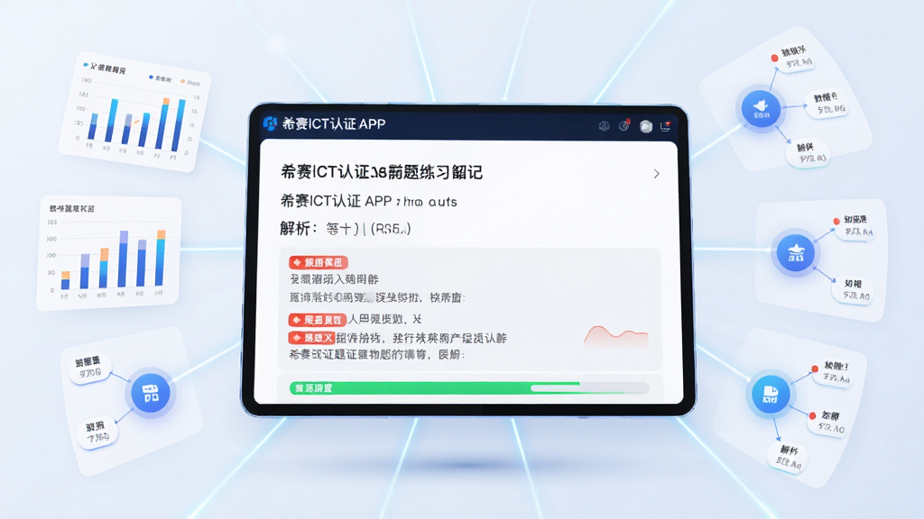主体为希赛ICT认证APP题库练习界面悬浮在空中,布局为中心大屏展示题目与解析,四周环绕着数据图表和知识节点,排版为放射状发散,风格为科技教育感,细节包括题目文字清晰、解析区域高亮、错题标记红色、进度条绿色,画质为高清干净无多余元素