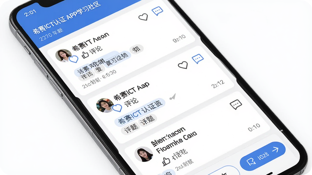 主体为希赛ICT认证APP学习社区界面,布局为手机屏幕展示帖子列表和互动按钮,排版为瀑布流式,风格为社交化学习风,细节包括用户头像、点赞评论图标、话题标签、时间戳,画质为高清干净无多余元素