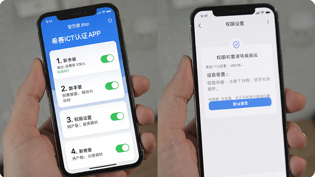 主体为希赛ICT认证APP新手引导页面,布局为手机屏幕展示安装步骤和权限设置界面,排版为分步卡片式,风格为简洁教程风,细节包括步骤编号、权限开关图标、提示文字清晰,画质为高清干净无多余元素