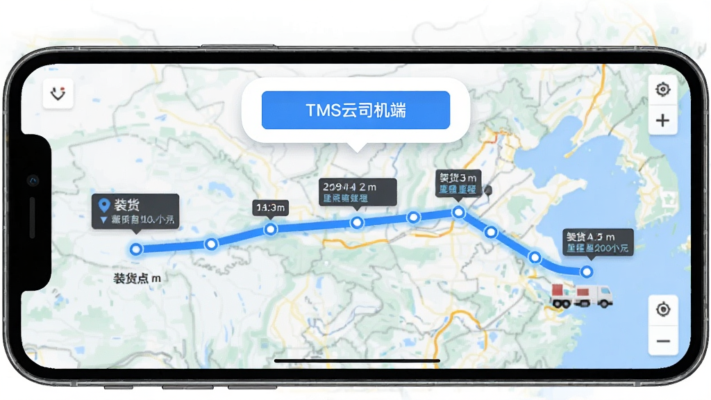 画面展示一张电子地图界面,地图上有一条蓝色运输轨迹线连接装货点与卸货点,轨迹线上有多个节点标记,手机屏幕悬浮在地图上方显示TMS云司机端节点上报按钮,布局为横向地图铺满,风格为现代数据可视化,细节包含地点名称标签、时间信息和里程数值,画质清晰干净,无多余元素