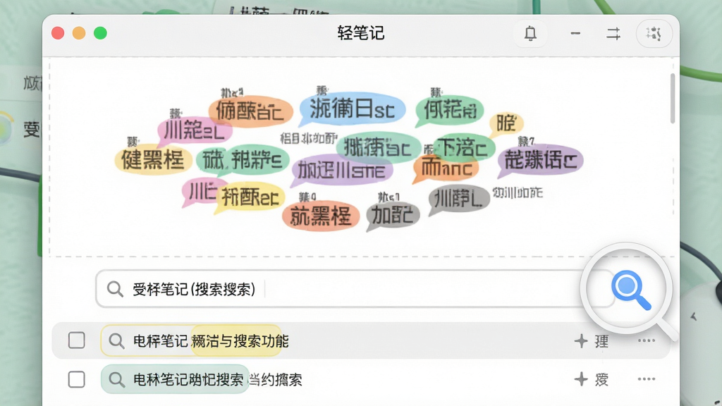 一张展示轻笔记标签管理与搜索功能的界面特写图,画面中轻笔记软件窗口内显示着多个彩色标签云,下方是搜索结果列表,高亮显示匹配的关键词,布局清晰,排版整齐,风格为清爽的浅色系办公软件界面,细节包括标签颜色和搜索框的放大镜图标,画质高清,干净,无多余元素