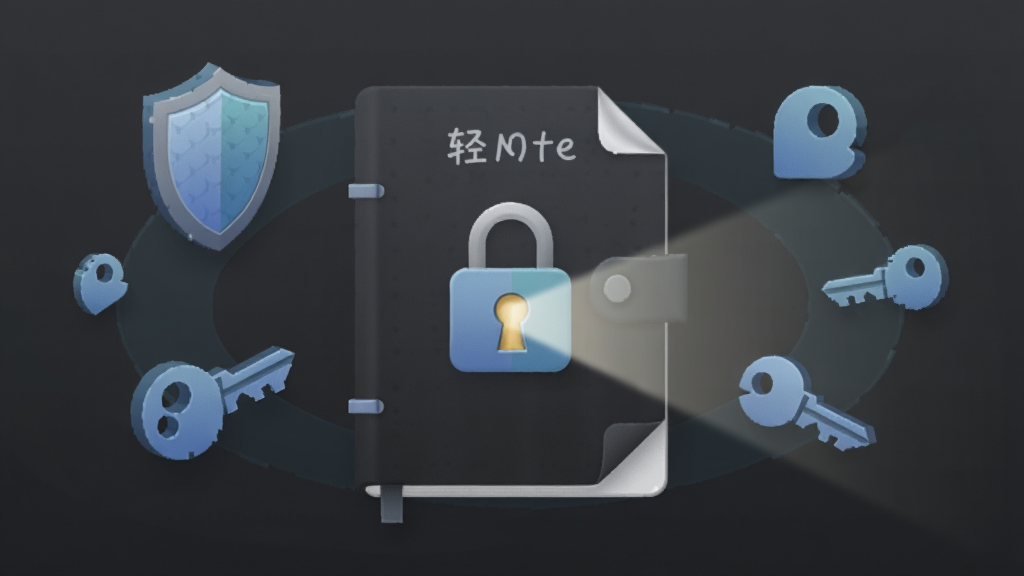 一张表现轻笔记隐私加密功能的示意图,画面中央是一个带有锁形图标的轻笔记文档,周围环绕着盾牌和钥匙的抽象图形,背景为深灰色调,布局对称,风格为安全科技感,细节有光线从锁孔中射出,画质高清,干净,无多余元素