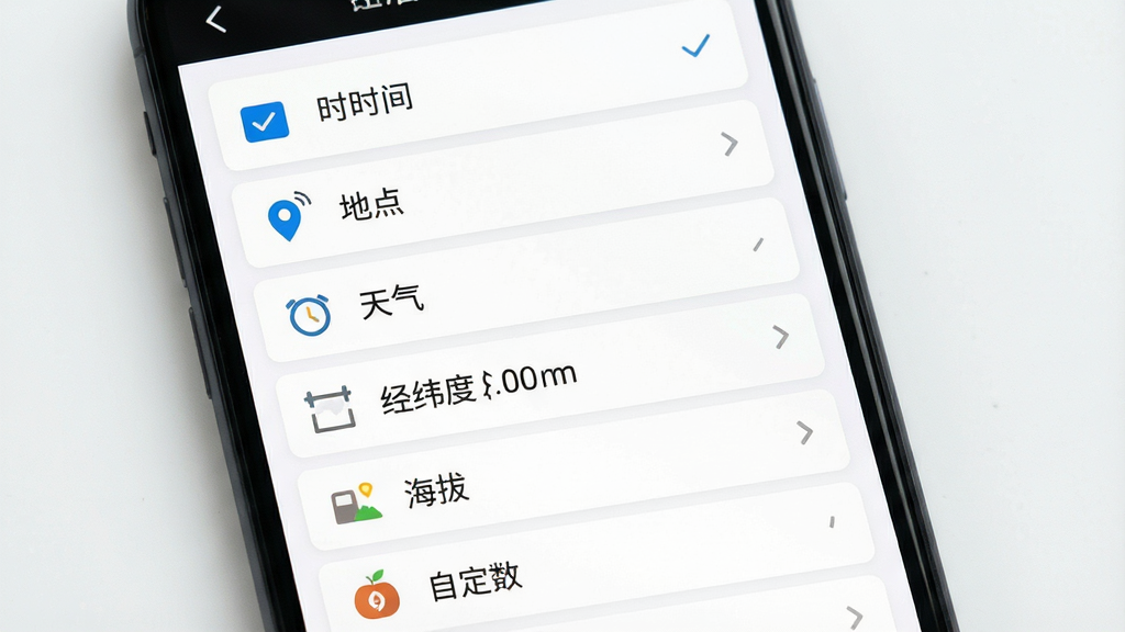 Mark水印相机水印模板选择界面,主体为手机屏幕内列表式模板选项,包含时间、地点、天气、经纬度、海拔、自定义等条目,布局为纵向列表排版,风格为清爽扁平化设计,细节包含每个模板前的勾选框、图标区分、文字标注清晰,背景为白色卡片式背景,画质高清,干净,无多余元素