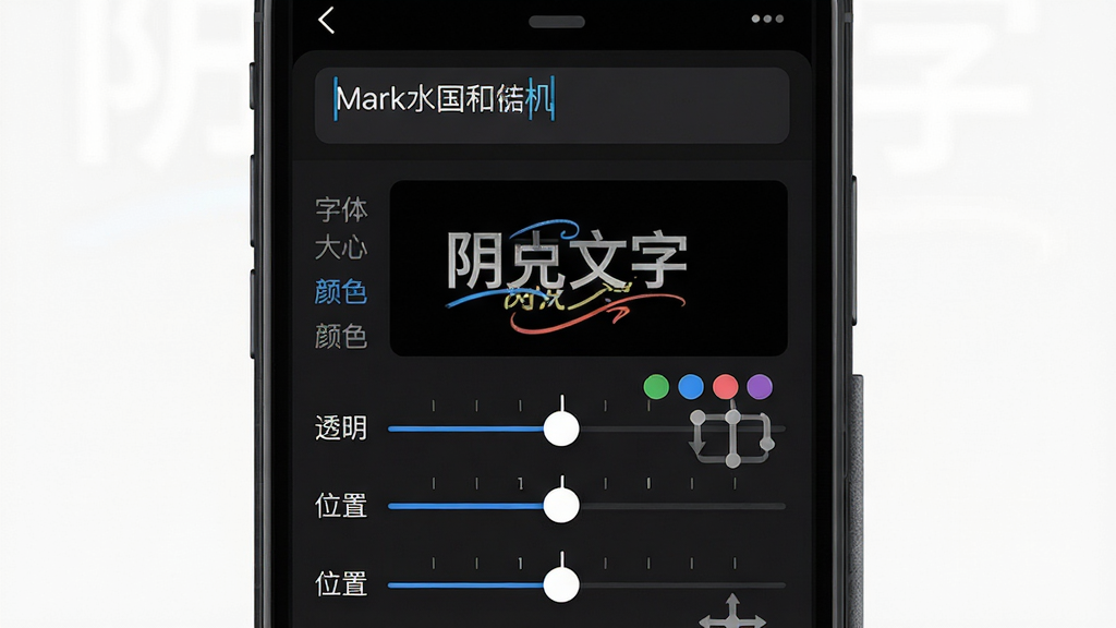 Mark水印相机自定义文字编辑界面,主体为手机屏幕内文字输入框与样式调节滑块,包含字体大小、颜色、透明度、位置拖拽等控件,布局为上下分区排版,风格为工具类应用设置面板,细节包含预览区域实时显示自定义文字效果、滑块刻度清晰、背景为深色模式界面,画质高清,干净,无多余元素