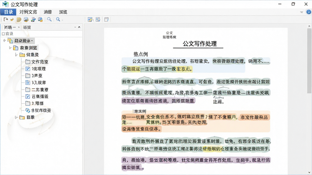 一张“公文写作处理”软件范例浏览界面的图片,画面左侧为目录树,右侧显示一篇公文范例正文,正文中有分段标注和重点提示色块。整体布局清晰,采用浅色阅读背景,文字排版工整,风格专业稳重,画质高清,画面干净,无多余元素。