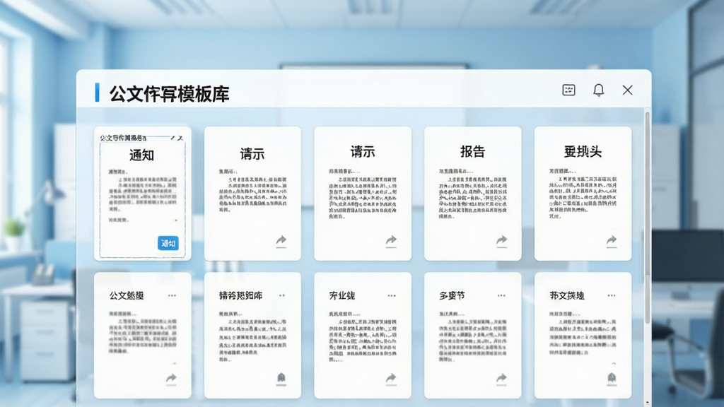 一张展示“公文写作处理”软件模板库界面的图片,画面中整齐排列着多个公文模板卡片,卡片上标注“通知”“请示”“报告”等字样。背景为浅蓝色办公环境,界面风格简洁清爽,排版清晰,主体突出,画质高清,画面干净,无多余元素。
