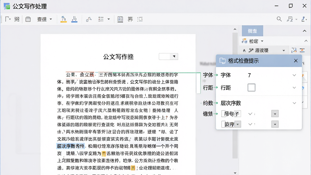 一张“公文写作处理”软件格式检查功能界面的图片,画面中显示一篇公文文档,右侧弹出格式检查提示框,标注出“字体”“行距”“层次序数”等检查项。界面风格简洁商务,配色柔和,排版规整,画质高清,画面干净,无多余元素。
