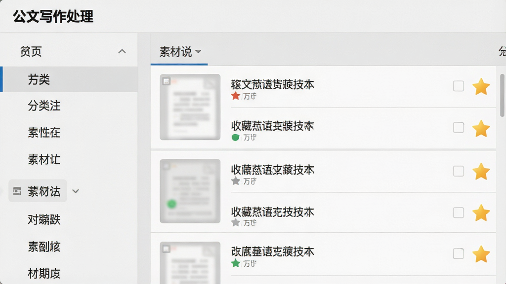 一张“公文写作处理”软件素材管理界面的图片,画面中展示分类标签和素材列表,左侧为分类导航,右侧为素材条目,条目旁有收藏星标。整体采用浅灰质感风格,布局整齐,文字清晰,画质高清,画面干净,无多余元素。