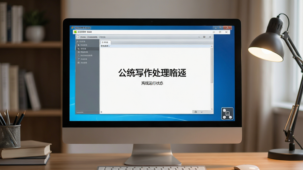 一张“公文写作处理”软件离线运行状态的图片,画面中电脑屏幕显示软件主界面,右下角网络图标显示断开状态,软件仍正常运行。背景为安静的书房环境,光线柔和,风格写实,细节清晰,画质高清,画面干净,无多余元素。