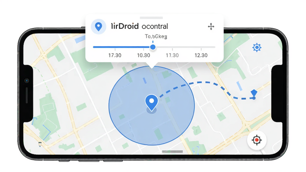 AirDroid Parental Control 定位功能预览图,主体为手机屏幕显示地图界面,地图上有蓝色定位点和虚线轨迹,布局为全屏地图上方悬浮信息卡片,排版简洁,风格为扁平化地图设计,细节包括安全区域圆形范围、时间轴标记、定位图标,画质高清、干净、无多余元素
