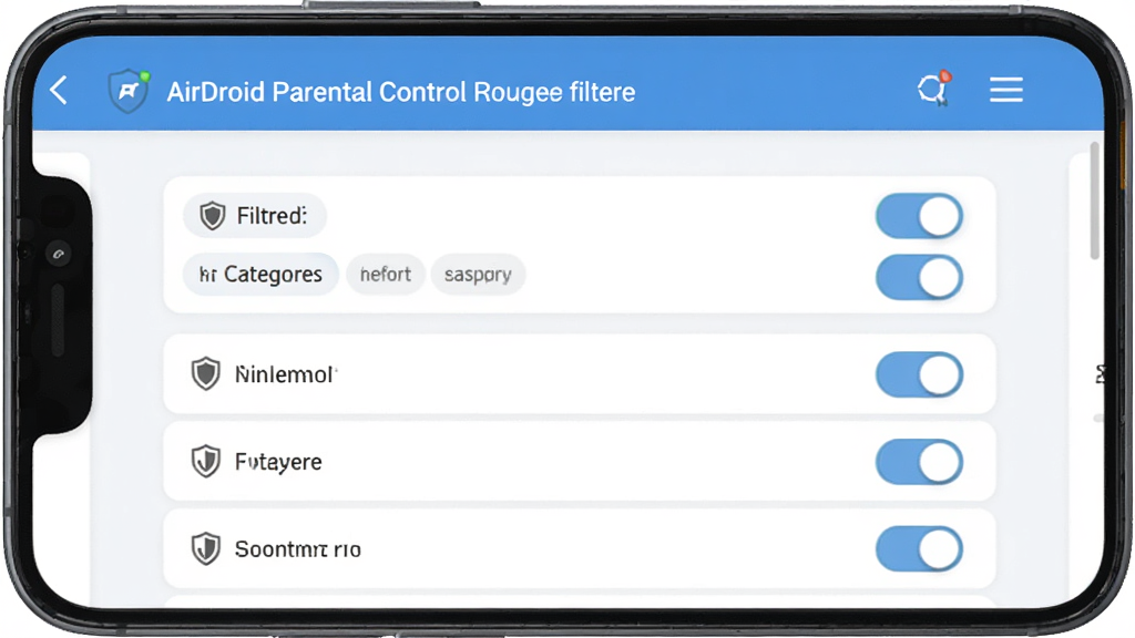 AirDroid Parental Control 网页过滤功能界面,主体为手机屏幕展示过滤设置页面,布局为列表式开关选项,排版清晰,风格为浅色卡片式设计,细节包括开关按钮、分类标签、盾牌图标,画质高清、干净、无多余元素