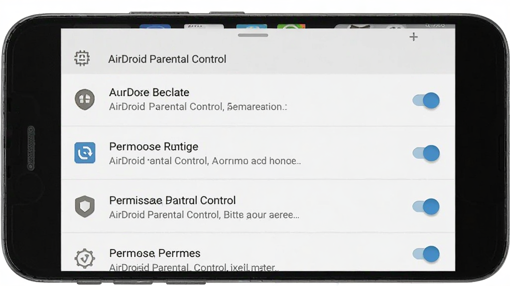 AirDroid Parental Control 手机端安装设置界面截图,主体为手机屏幕展示权限授予页面,布局为列表式权限选项,排版整齐,风格为安卓系统设置界面风格,细节包括权限图标、开关按钮、提示文字,画质高清、干净、无多余元素
