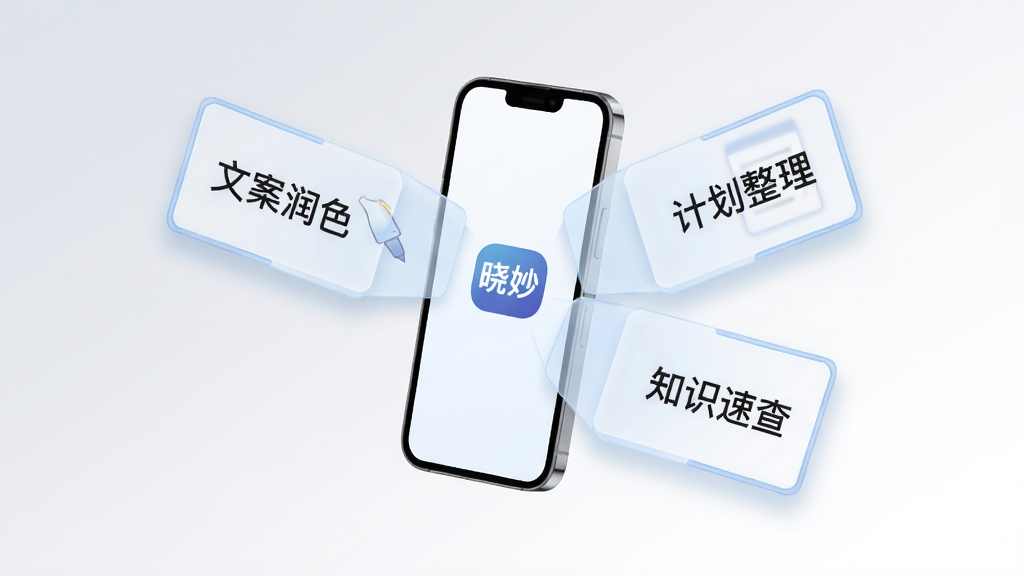 晓妙多场景辅助功能概念图,主体为一部手机悬浮在画面中央,屏幕向外发散出三个半透明卡片,分别标注“文案润色”“计划整理”“知识速查”;布局采用中心放射状排版,卡片围绕手机均匀分布;风格为轻科技感插画风格;细节上卡片带有淡蓝色描边与轻微投影,手机屏幕内显示“晓妙”标志;画质清晰,背景为浅灰到白色的柔和渐变,无多余元素。