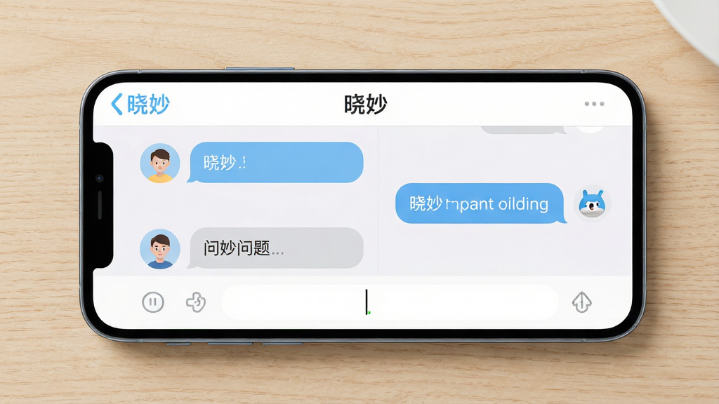 晓妙智能问答功能展示图,主体为一部手机横屏放置在浅色木纹桌面上,屏幕内显示“晓妙”对话界面,左侧为用户头像与问题气泡,右侧为晓妙回复气泡;布局为左右分栏式聊天排版,顶部有“晓妙”文字标识;风格为清爽简约的移动端UI风格;细节包括气泡圆角、浅蓝与浅灰配色、输入框光标闪烁效果;画质高清,画面干净,无多余装饰元素。