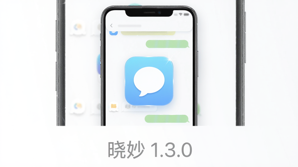 晓妙 1.3.0 安卓版下载界面预览图,主体为一部竖直摆放的智能手机,屏幕中央显示简洁的聊天对话框与“晓妙”应用图标,图标为圆角方形浅蓝渐变底色配白色对话气泡符号;布局采用居中构图,手机下方放置浅灰色标题文字“晓妙 1.3.0”;排版整洁、留白充足;风格为现代扁平化UI设计,科技感与亲和力并存;细节上屏幕内有轻微阴影与柔和渐变,图标边缘带一点细高光;画质清晰干净,无多余元素,背景为纯白到浅灰的微渐变。