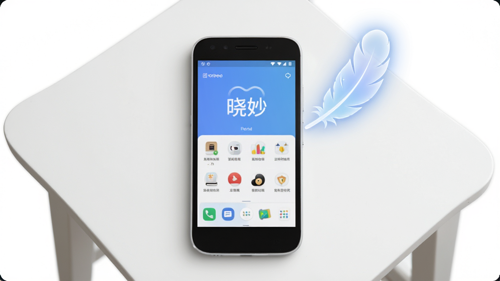 晓妙轻量运行特性示意图,主体为一部中低端安卓手机放在白色桌面上,屏幕显示“晓妙”主界面,旁边有一个半透明的羽毛图标表示轻量;布局为手机居中、羽毛图标悬浮于手机右上方;风格为极简产品展示风格;细节上手机边框圆润、屏幕内容清晰、羽毛图标带轻微光晕;画质干净,背景纯白,无多余元素。