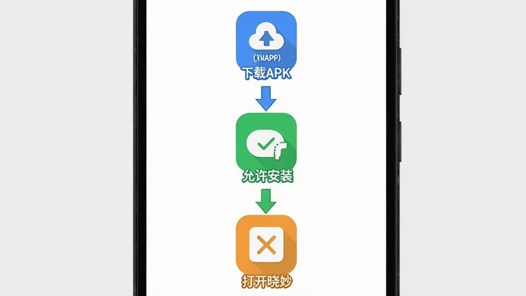 晓妙新手安装操作流程图,主体为一部安卓手机屏幕,画面从上到下依次展示“下载APK”“允许安装”“打开晓妙”三个步骤图标;布局为竖向流程排版,每个步骤配有小图标与简短文字;风格为扁平化教程插画风格;细节上图标颜色分别为蓝、绿、橙,步骤之间有箭头连接;画质清晰,背景浅灰,无多余元素。