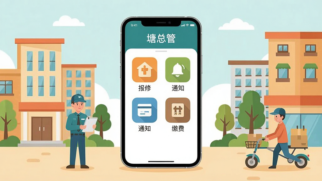 一张展示智慧社区管理场景的图片,画面中央放置一部智能手机,屏幕上清晰显示“塘总管”应用界面,界面包含报修、通知、缴费等图标。手机周围环绕着社区建筑、物业人员、快递员等元素,采用扁平化插画风格,色彩明亮温馨,布局居中对称,细节丰富,画质清晰干净,无多余元素。
