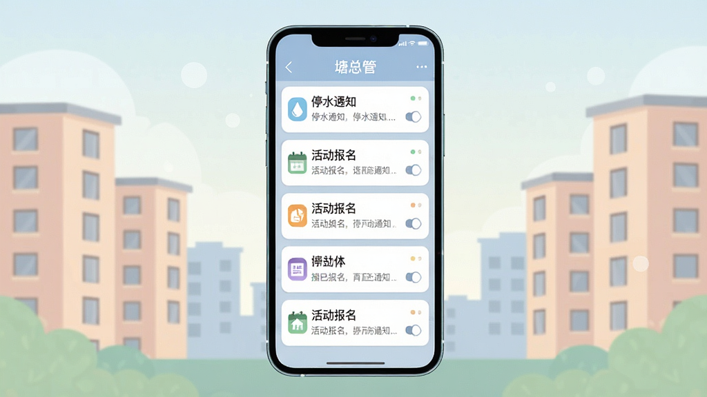 一张表现“塘总管”消息通知功能的图片,画面中心是一部手机弹出多条社区通知卡片,卡片上写有“停水通知”“活动报名”等字样,背景为小区楼宇轮廓,采用扁平化设计风格,色彩柔和,布局居中,画质清晰无杂乱元素。