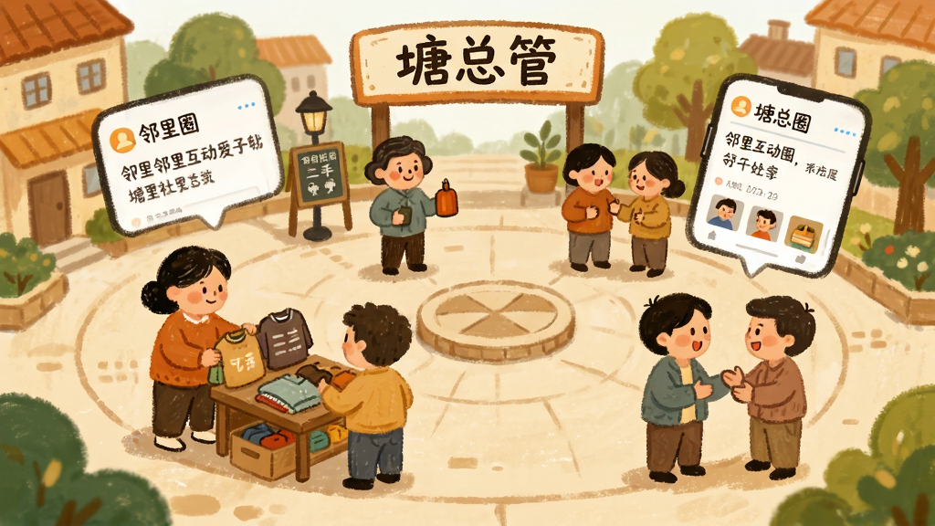 一张展示“塘总管”邻里互动圈子的插画,画面中多个卡通人物围绕一个圆形社区广场,有人展示二手物品,有人聊天,手机界面悬浮显示邻里圈帖子,采用温暖的手绘风格,布局散点透视,色彩丰富和谐,画质干净整洁。