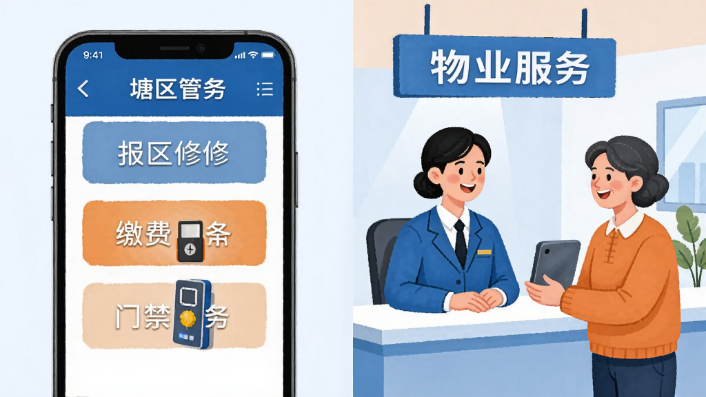 一张以“塘总管”为核心的一站式社区服务概念图,画面左侧为手机界面展示报修、缴费、门禁功能,右侧为物业客服与居民微笑沟通的场景,采用简洁的商务插画风格,主色调为蓝色与橙色,布局左右对称,细节清晰,画质干净明亮。