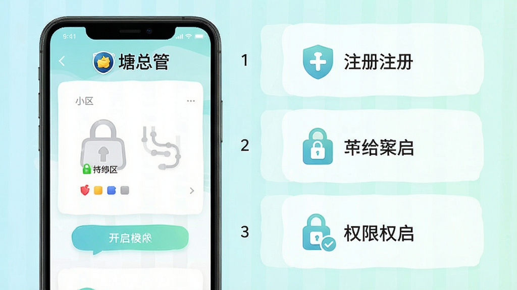 一张展示“塘总管”新手操作指引的图片,画面为手机屏幕截图风格,逐步演示注册、绑定小区、开启权限的步骤,每一步配有图标和简短文字说明,采用清新浅色背景,布局从上到下排列,画质清晰,无多余装饰。