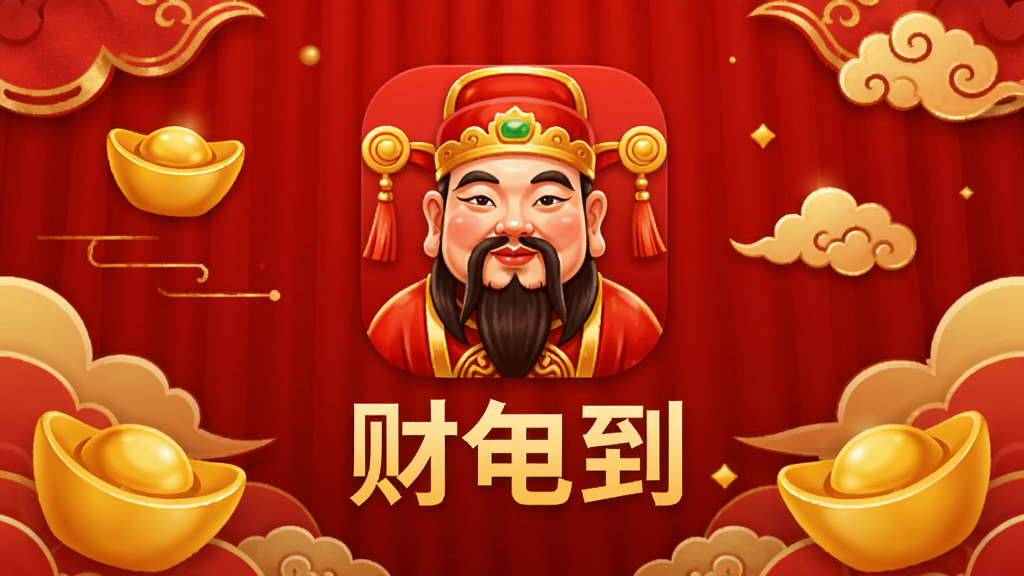 财神到软件主界面预览图,画面中央展示喜庆的红色与金色主题背景,主体为财神到应用图标与名称文字,布局采用居中排版,风格喜庆吉祥、简洁大气,细节上融入元宝、祥云等传统元素点缀,画质清晰,干净整洁,无多余元素