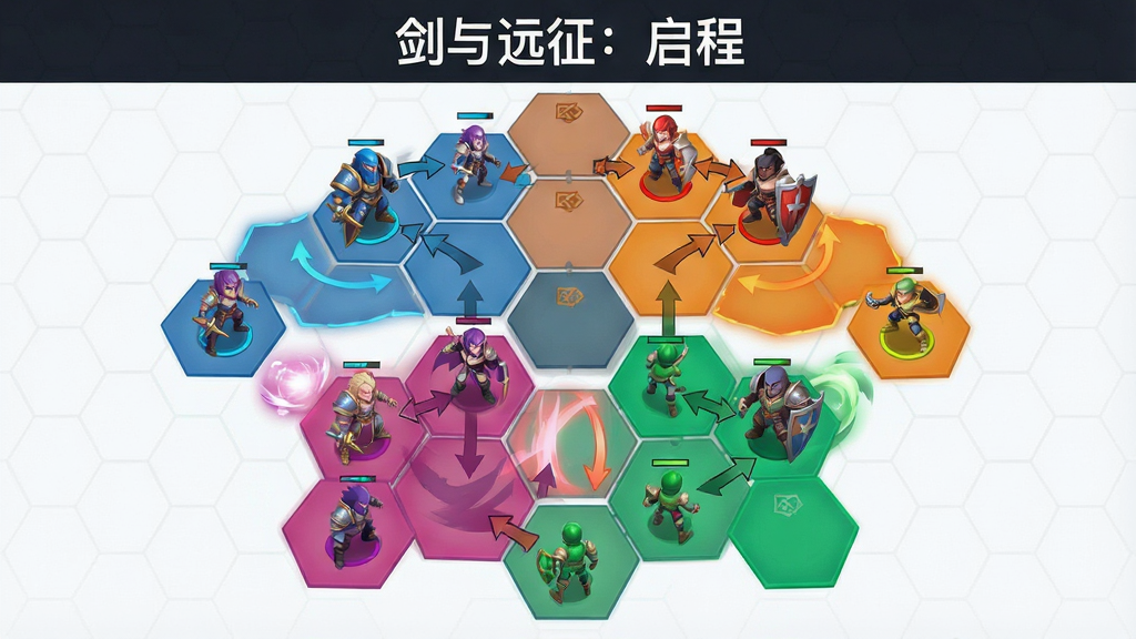 一张游戏攻略信息图,主体是六边形网格棋盘上双方英雄的站位示意图,用箭头标注了推荐站位与技能释放顺序,布局采用中心对称,风格为简洁的战术图解,细节上使用不同颜色区分阵营,画质干净,无多余元素,画面顶部可加入文字“剑与远征:启程”